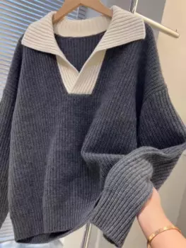 Осенне-зимний свитер из 100% мериносовой шерсти, женский вязаный пуловер с v-образным вырезом и длинными рукавами, повседневный кашемировый вязаный свободный топ