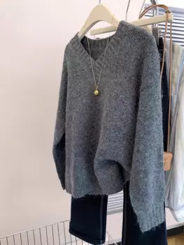 Осенне-зимний Свитер оверсайз с V-образным вырезом, Женский однотонный Повседневный свободный свитер с длинным рукавом, вязаный пуловер в ленивом стиле