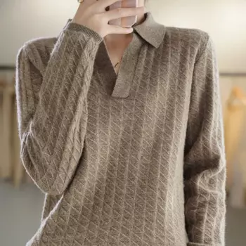 Осенне-зимний женский свитер 100% мериносовая шерсть пуловер с отложным воротником Базовая рубашка с длинным рукавом Женский Повседневный Свободный вязаный джемпер