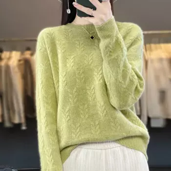 Осенне-зимний женский свитер SZDYQH с круглым вырезом, свитер из 100% шерсти, Женский утепленный Повседневный базовый вязаный пуловер, Свободный джемпер с длинным рукавом