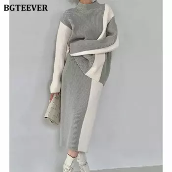 Осенне-зимний женский вязаный комплект BGTEEVER в стиле пэчворк, пуловеры с длинным рукавом, женские прямые юбки, женский теплый свитер