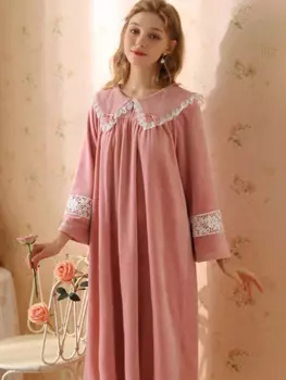 Осенне-зимняя длинная ночная рубашка, одежда для сна принцессы, велюровый Халат, ночная рубашка, женское милое кружевное розовое плотное бархатное Ночное платье