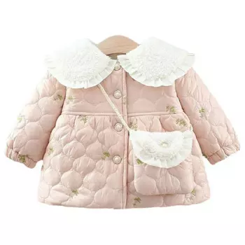 Осенне-зимняя куртка для маленьких девочек в корейском стиле, модное милое флисовое пальто с кукольным воротником для новорожденных + сумка, одежда для малышей, детская одежда BC858