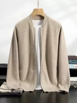 Осенне-зимняя мужская стандартная Толстая трикотажная повседневная трикотажная одежда на молнии с длинным рукавом из 100% кашемира, Бейсбольный воротник, топы