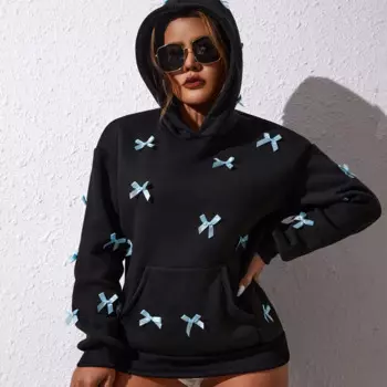 Осенне-зимняя новая черная толстовка с капюшоном, толстовка с синим бантом, продвинутый смысл
