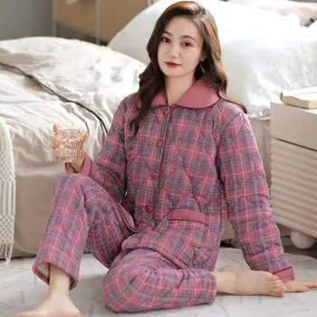 Осенне-зимняя одежда для сна, женская трикотажная куртка, трехслойный теплый и плотный ламинированный домашний костюм из хлопка с клетчатыми лацканами