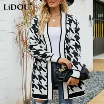 Осенне-зимняя уличная одежда, Свободный Повседневный Кардиган с принтом, свитер, женская модная универсальная вязаная куртка, женская верхняя одежда, Топ
