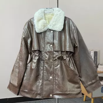 Осенне-зимняя женская корейская куртка средней длины из искусственной кожи с завязками на талии и большим карманом, теплая кожаная байкерская куртка из искусственного меха