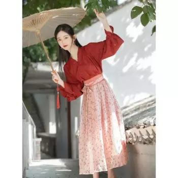 Осеннее китайское традиционное красное платье с перекрестным воротником и длинными рукавами, топ с цветочной юбкой, платье ханьфу, костюм, женские элегантные сказочные платья