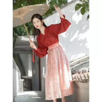 Осеннее китайское традиционное красное платье с перекрестным воротником и длинными рукавами, топ с цветочной юбкой, платье ханьфу, костюм, женские элегантные сказочные платья