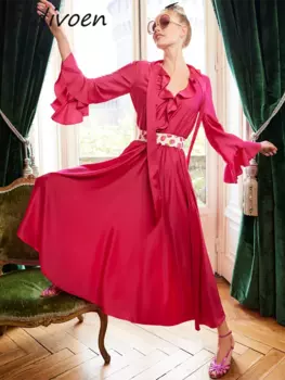Осеннее модное дизайнерское красное винтажное женское платье Gedivoen с V-образным вырезом, длинным рукавом и оборками, приталенное длинное платье с поясом и присборенной талией