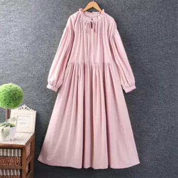 Осеннее Новое милое однотонное платье из хлопка и льна, женское свободное платье миди с длинным рукавом DD5211