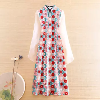 Осеннее Сетчатое женское платье-Ципао из органзы в стиле пэчворк, элегантное приталенное платье-трапеция с вышивкой в этническом ретро-стиле, женское платье