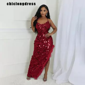 Осеннее сексуальное вечернее платье с блестками, женское модное платье с открытой спиной и перьями, женское платье с блестками