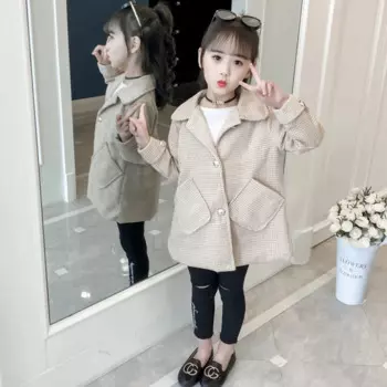 Осеннее шерстяное пальто в клетку для девочек, верхняя одежда с карманами, детская повседневная элегантная шерстяная куртка, детский весенний Тренч, пальто P112