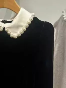 Осеннее женское бархатное атласное платье с жемчужным украшением и отложным воротником, элегантное женское черное мини-халат с длинными рукавами