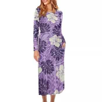 Осенние Длинные Макси-платья, полинезийская этническая одежда, Самоанская Фиджи, Маси, Тапа, цветочный принт, вечернее искусственное платье с круглым вырезом и карманами