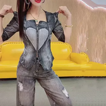 Осенние комплекты брюк для женщин с длинным рукавом, тонкая куртка на молнии с высокой талией, широкие джинсовые брюки, женский модный костюм из двух предметов