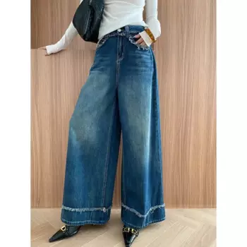 Осенние новые винтажные однотонные дизайнерские прямые широкие брюки SuperAen в Корейском стиле свободные джинсы оверсайз с высокой талией