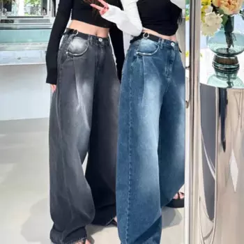 Осенние новые винтажные однотонные плиссированные свободные брюки SuperAen в Корейском стиле, модные длинные джинсы оверсайз с широкими штанинами