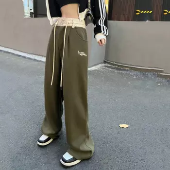 Осенние повседневные брюки, женские осенние свободные брюки с завышенной талией и шнуровкой, брюки контрастных цветов с широкими штанинами, женские брюки