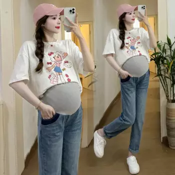 Осенние Синие ковбойские брюки для беременных женщин поддерживают живот свободные удобные прямые брюки джинсы для беременных с высокой талией