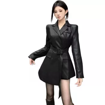 Осенний элегантный Тренч с поясом, женская куртка из искусственной кожи, короткая ветровка, винтажные водонепроницаемые куртки, Весенняя модная верхняя одежда