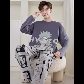 Осенний длинный комплект из двух предметов из чистого хлопка с героями мультфильмов Наруто, шелковая пижама, мужской пижамный комплект из брюк, мужская пижама, одежда для дома