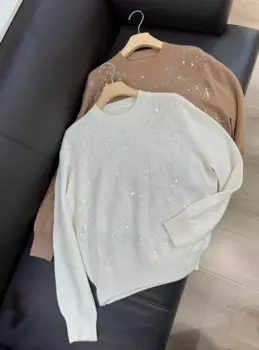 Осенний изысканный Свободный вязаный кашемировый шерстяной пуловер с блестками и кристаллами