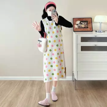 Осенний комплект одежды для беременных женщин вязаный сарафан в горошек блочного цвета облегающие рубашки с длинным рукавом костюм из двух предметов с разрезом по бокам