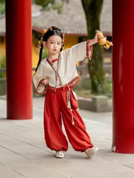Осенний костюм Hanfu для девочек, новинка 2024, Детский костюм-тройка в старинном стиле, Детский костюм Тан в этническом стиле