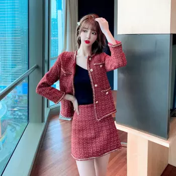 Осенний красный женский костюм из двух предметов, клетчатая куртка с длинным рукавом + юбка-карандаш, элегантный офисный женский костюм с юбкой, женский костюм