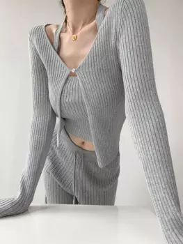 Осенний Новый комплект из двух предметов, привлекательный облегающий топ на бретельках с глубоким вырезом и открытой спиной + трикотажный кардиган с длинным рукавом и V-образным вырезом F099