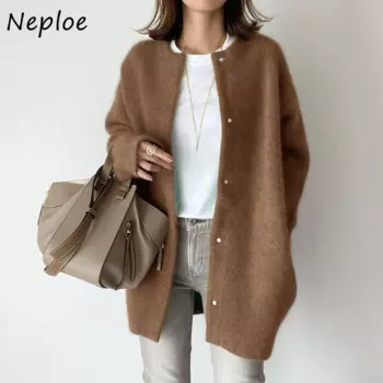 Осенний Новый однобортный Кардиган Neploe, Женский винтажный вязаный кардиган с круглым вырезом, свободное шерстяное пальто Y2k с длинным рукавом для женщин