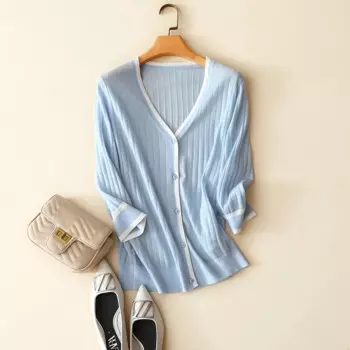 Осенний Новый стиль, модный женский 100% кашемировый кардиган, контрастная верхняя одежда с v-образным вырезом, вязаный свитер в полоску с длинным рукавом