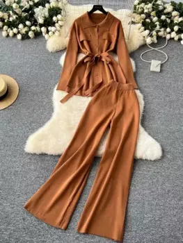 Осенний однотонный вязаный комплект из 2 предметов, женский модный кардиган с поясом, свитер + широкие длинные брючные костюмы, женские зимние наряды