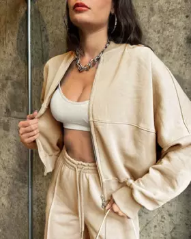 Осенний Повседневный кардиган на молнии, свитшот, Женский однотонный модный Свободный жакет, прямые брюки, костюм, спортивный костюм, наряд, 2024