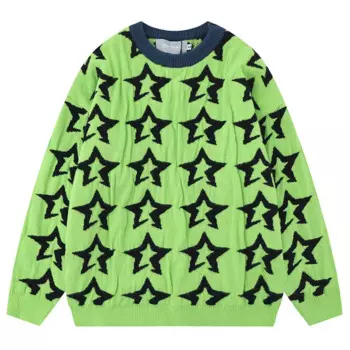 Осенний Повседневный жаккардовый вязаный свитер с контрастными звездами, мужской свободный пуловер в стиле High Street с круглым вырезом, Мужской пуловер