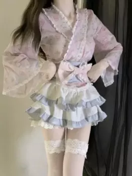Осенний японский кавайный новый комплект из двух предметов для женщин Y2k юбка сладкой Лолиты женский костюм в Корейском стиле с цветочным принтом 2024
