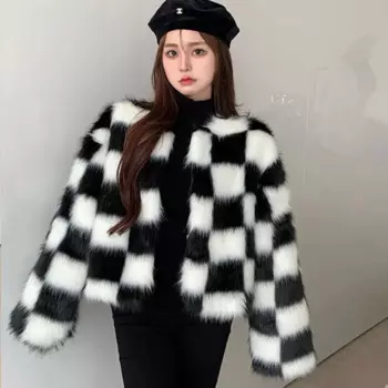 Осенний шикарный женский зимний пушистый кардиган из искусственного лисьего меха флисовые Топы Шахматная куртка-бомбер черного и белого цветов