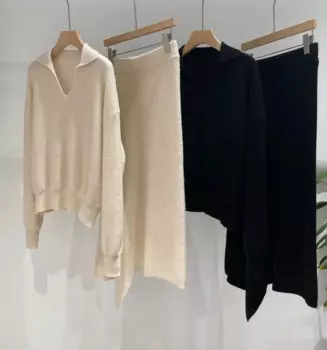 Осенний Женский кашемировый однотонный вязаный комплект, ассиметричная юбка миди с поясом на резинке и отложным воротником, свитер с длинным рукавом