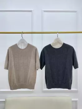 Осенний женский кашемировый свитер, вязаная футболка с круглым вырезом и коротким рукавом, Топ