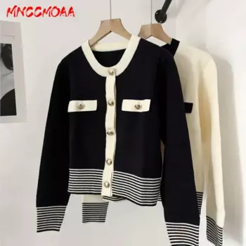 Осенний женский модный свободный однобортный вязаный кардиган MNCCMOAA 2024 с круглым вырезом, пальто, Женский Повседневный Топ с длинным рукавом, верхняя одежда