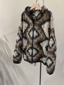 Осенний женский шерстяной кашемировый кардиган с капюшоном