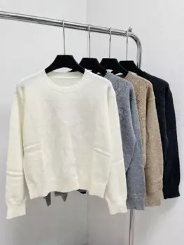 Осенний женский свитер из 100% шерсти с блестками, Модный женский вязаный пуловер с круглым вырезом и длинным рукавом