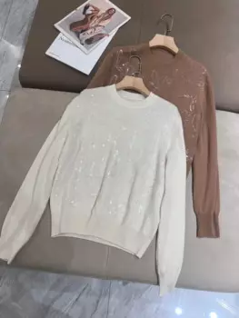 Осенний женский свитер с пайетками и цветочной вышивкой, модный повседневный вязаный пуловер с круглым вырезом и длинными рукавами