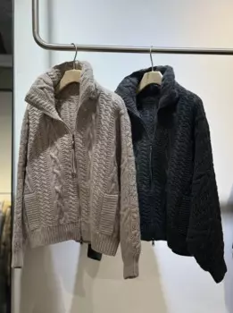 Осенний Женский вязаный кашемировый шерстяной свитер B * C с отложным воротником пальто с длинным рукавом кардиган на молнии