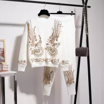 Осенний Женский вязаный свитер с вышивкой бисером, вязаные брюки, комплект из двух предметов, Женский вязаный костюм, зимний свитер 2021