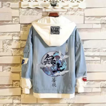 Осенняя джинсовая куртка с капюшоном, мужская Милая куртка-бомбер с имитацией двух предметов, уличная одежда в стиле хип-хоп, мужская Ковбойская одежда для мужчин