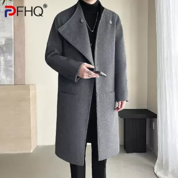 Осенняя модная мужская ветровка PFHQ, повседневное однотонное однобортное пальто средней длины в Корейском стиле, свободное мужское шерстяное пальто 21Z6591